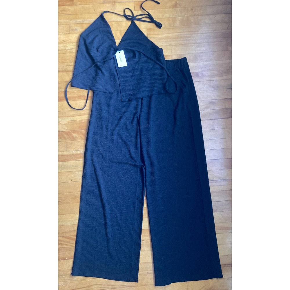 Ekaliy Black Textured Halter Top and Wide Leg Pants Two Piece Set Pockets